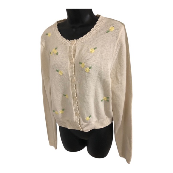 Jessica Simpson cream embroidered yellow flowers scallop collar cardigan size XL - Picture 5 of 11